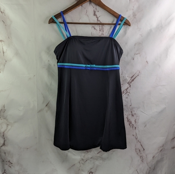 A Shore Fit Swim Dress Womens 14 Large Black Blue Bow One Piece Bikini Suit Pads - Picture 1 of 13